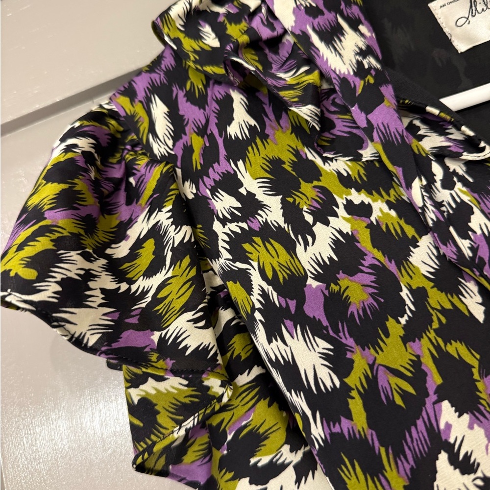 Milly of New York Silk Abstract Animal Print Ruffle Flutter Sleeve Dress 8 - Picture 6 of 16